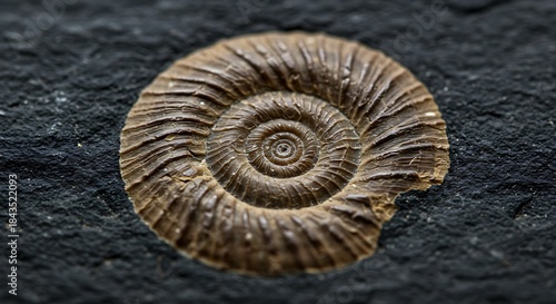 Ancient Fossilized Ammonite Specimen on Dark Stone Surface.