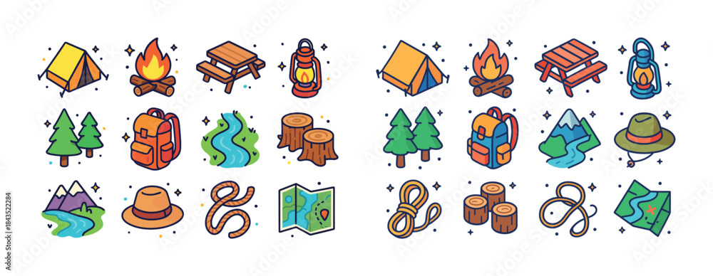 Obraz premium Camping adventure icons set: tent, campfire, backpack, map, lant