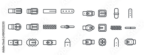 Variety of belt buckle designs in simple black outline icons