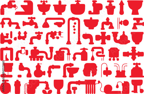 Plumbing and bathroom fixture silhouettes monochrome red sanitary equipment supply water pipe icons set