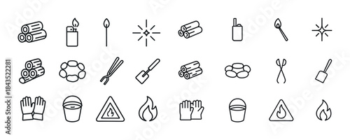 Campfire essentials: firewood, fire safety, matches, tools, sign