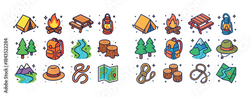 Camping adventure icons set: tent, campfire, backpack, map, lant
