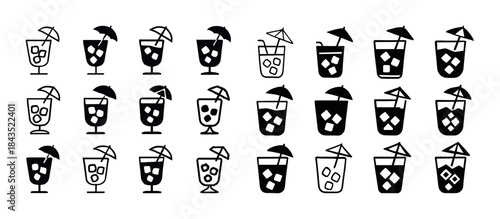 Set of black and white cocktail icons with umbrellas and ice cub