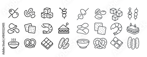 Variety of snack icons including pretzels, crackers, nuts, and s