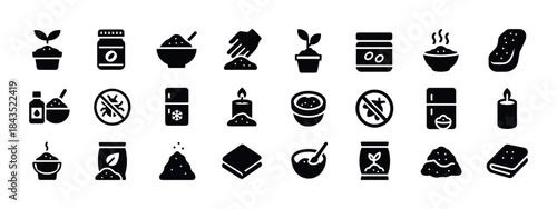 Minimalist organic food and gardening icons set in black silhoue