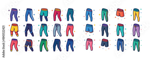 Colorful cartoon pants collection with various designs and patte