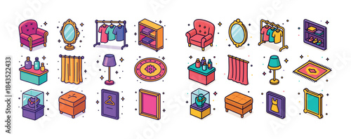 Colorful isometric furniture and decor set featuring chairs and