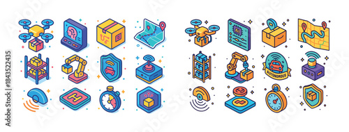 Colorful icons of technology and automation with drones and robo