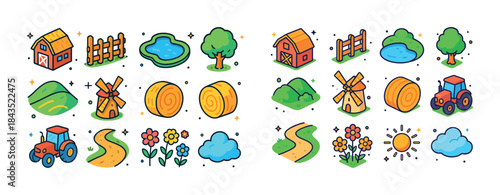 Colorful farm icons set featuring tractors barns and nature elem