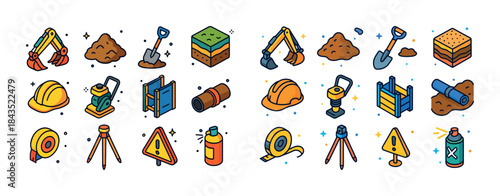 Construction equipment and tools icons set in colorful cartoon s