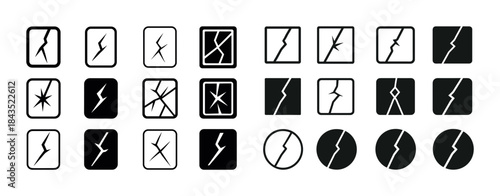 Set of cracked glass icons in various geometric shapes and style