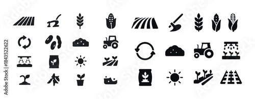 Agriculture icons set: planting, harvesting, tractors, sustainab