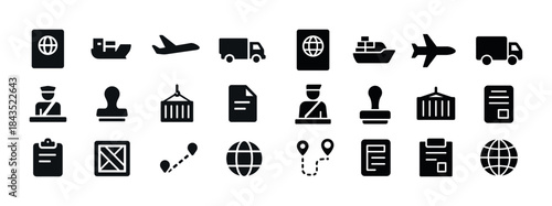 International trade and logistics icons in black and white
