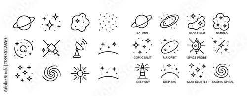 Astronomy icons: cosmic spiral, nebula, saturn, deep sky, space