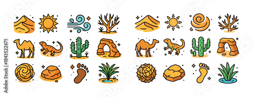 Colorful desert icons: camels, cacti, sand dunes, and ancient sy