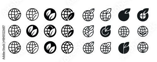 Collection of leaf and globe icons representing environmental th