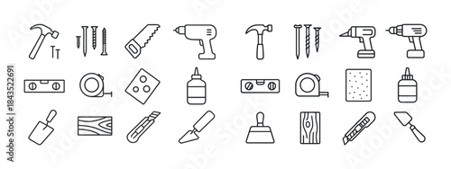 Outline icons of construction tools: hammer, saw, drill, and mor