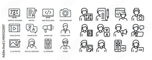 Line icons of various professions and occupations with minimalis