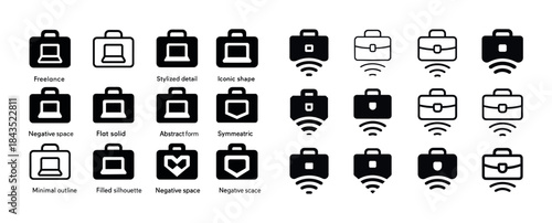 Minimalist briefcase icons: symmetry, silhouette, and negative s