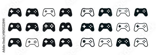 Variety of game controller icons in black and white on white bac
