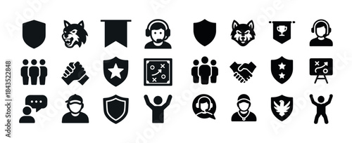Sports and communication icons set featuring shields, wolves, an