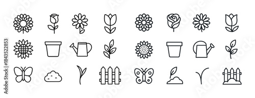 Outline icon set of flowers and gardening tools