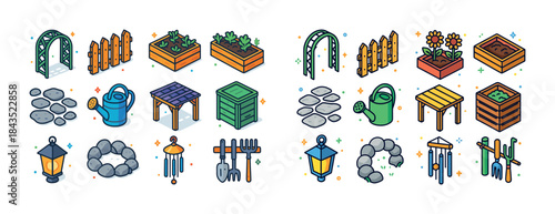 Isometric garden icons: arbors, planters, watering cans, tools,