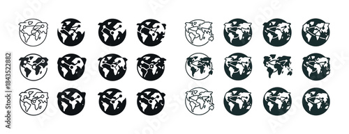 Global icons set with various earth illustrations in different s