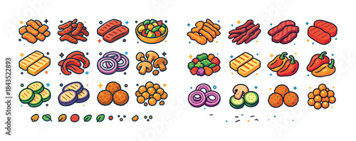 Colorful assortment of cartoon food items including vegetables a