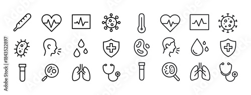 Healthcare and medical outline icons: thermometer, heartbeat, vi