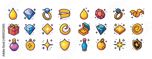 Colorful gemstone icons collection featuring rings, diamonds, sh