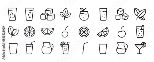 Line art icons of beverages and fruits featuring glasses, leaves