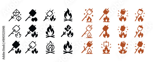 Icon set of campfires and marshmallows on sticks in various styl
