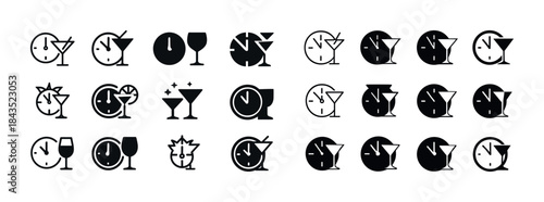 Minimalist cocktail and clock icon set in black and white