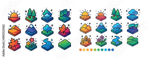 Colorful nature icon set featuring landscapes and weather elemen