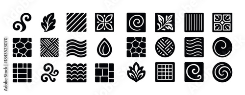 Set of various decorative black pattern icons in different geome