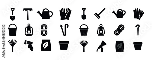Black gardening tools: shovel, rake, watering can, gloves, bucke