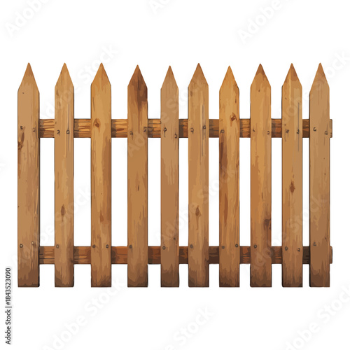 A section of a wooden picket fence with pointed tops and horizontal rails boundary