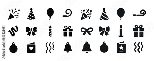 Celebration icons set with balloons, gifts, and party hats