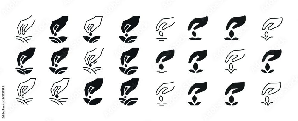 Fototapeta premium Seed planting icons: hand sowing growth symbol set