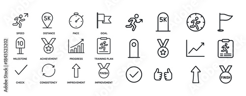 Running icon set: progress, goal, achievement, distance, speed
