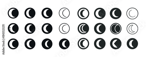 Set of 24 crescent moon icons in various styles and designs