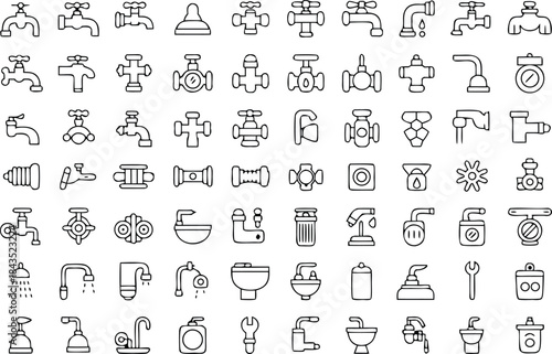 Large collection of line art plumbing elements including various faucets valves pipe connectors bathroom sinks and utility tools