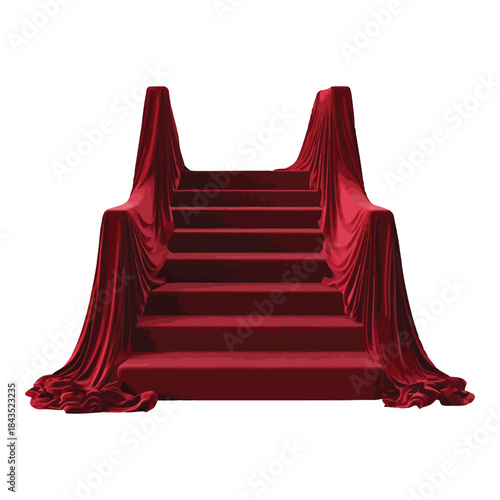 Red carpeted stairs draped with velvet fabric on a white background vector