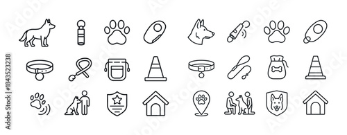 Dog care icon set: accessories, training tools, and pet safety s