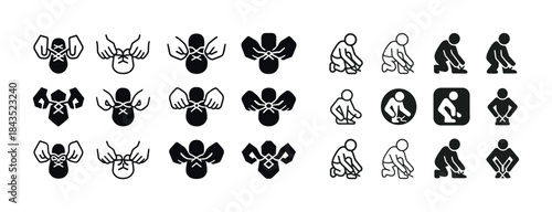 Icon set of figures tying knots and kneeling in various styles