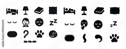 Sleep icons collection: beds, pillows, cats, and sleepy faces