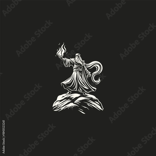 Majestic old wizard with a long beard standing on a rocky hill holding a glowing magical flame in hand-drawn vintage style.