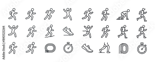 Running icons set: various poses and athletic gear illustrations