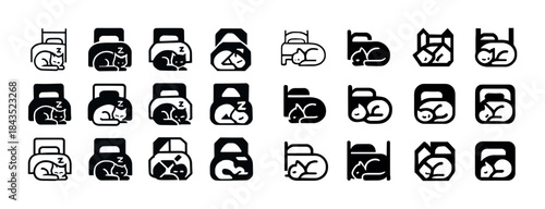 Icon collection of cats sleeping in various beds